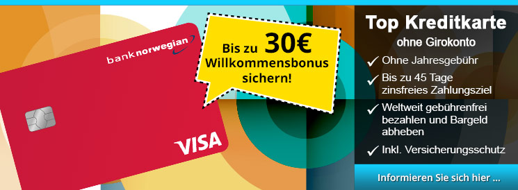 Aktion - Bank Norwegian Card- kostenlose Kreditkarte mit Ratenzahlungsfunktion, 45 Tage zinsfreies Zahlungsziel, keine Fremdwährungskosten